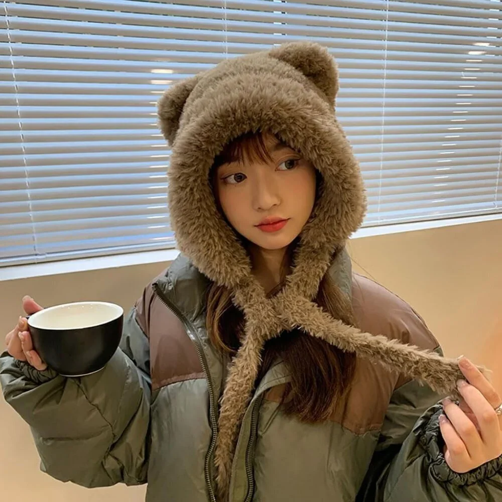 Women Sepia Winter Beanie Hats Knit Ear Flaps Cute Stuffed Bear Ears Fleece